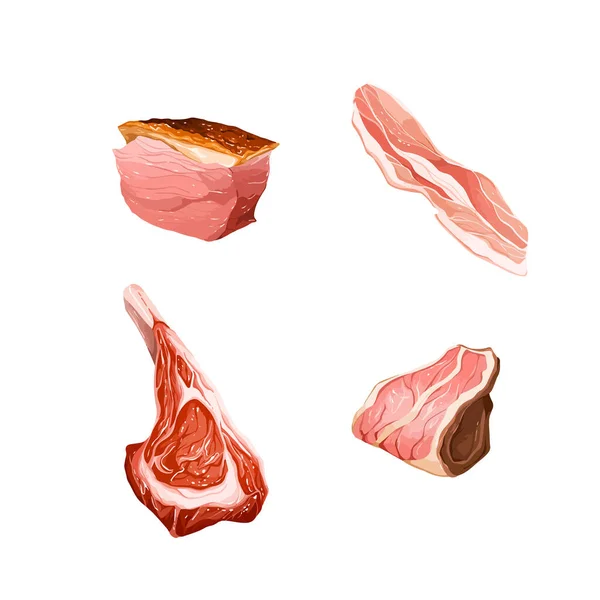 白い背景に隔離された肉のベクトルイラストの異なるカットを設定します — ストックベクタ