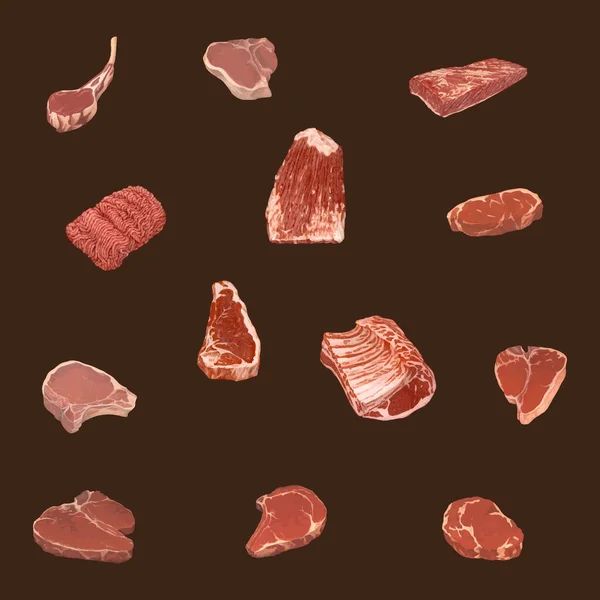 Установить Различные Нарезки Векторной Иллюстрации Мяса — стоковый вектор