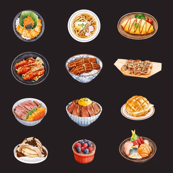 Ananasbrötchen Souffleuse Takoyaki Sashimi Udon Omurice Reis Mit Rindfleisch Reisschale — Stockvektor