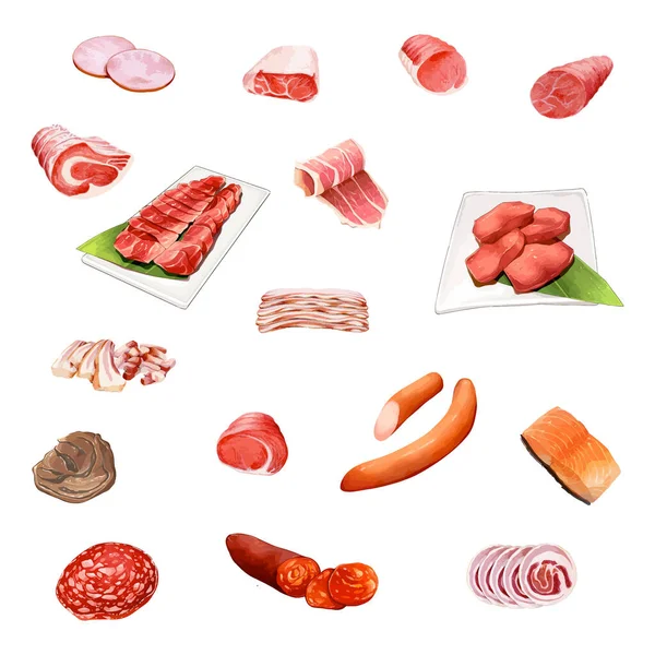 Rajzfilm Hús Készlet Vektor Illusztráció Magas Fehérjetartalmú Élelmiszerek Fehér Alapon — Stock Vector