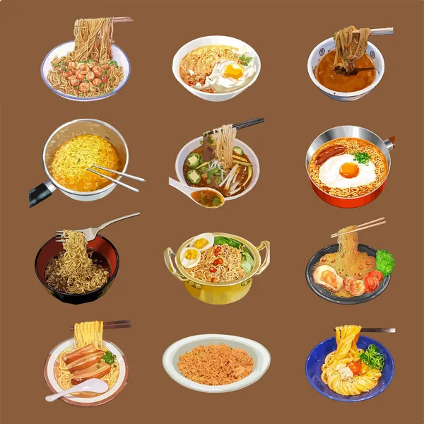 Set Asian Noodles Vector Illustration — Stock Vector
