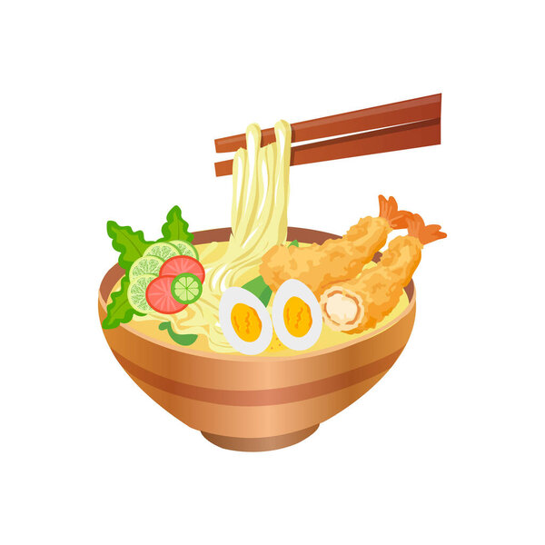 Beef ramen noodles - bowl with noodle, meat pieces, tempura, eggs and vegetables isolated on white background. Vector illustration.