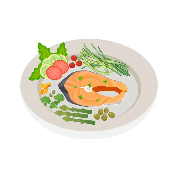 Bife Salmão Legumes Ilustração Vetorial Placa — Vetor de Stock