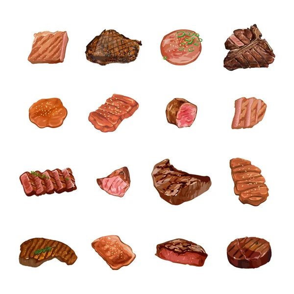 Ensemble Steak Boeuf Sur Fond Blanc Illustration Vectorielle — Image vectorielle