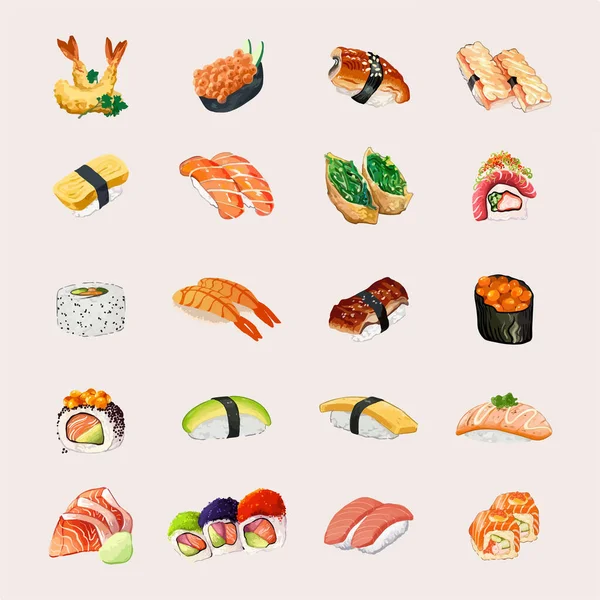 Set Watercolor Japanese Food Vector Illustration - Stok Vektor