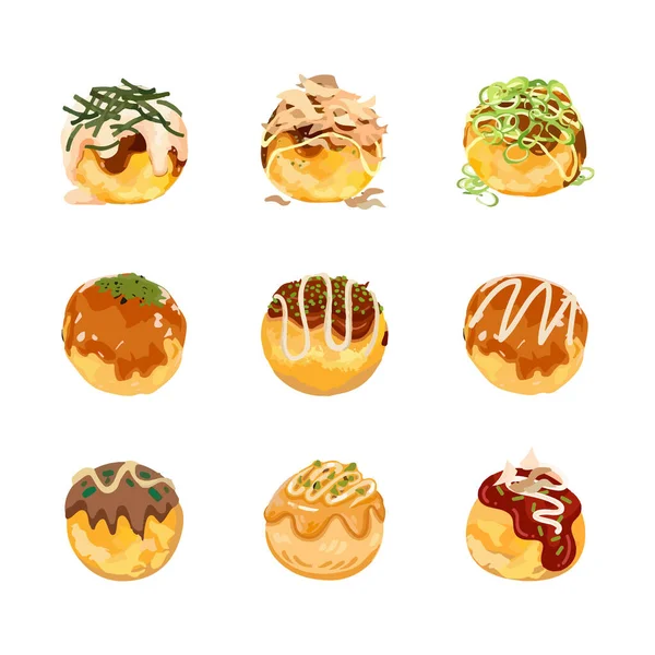 Sada Japonských Potravin Takoyaki Bílém Pozadí Vektorové Ilustrace — Stockový vektor