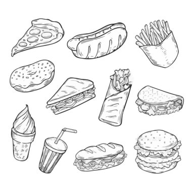 Fast food seti. El çizimi vektör illüstrasyonu