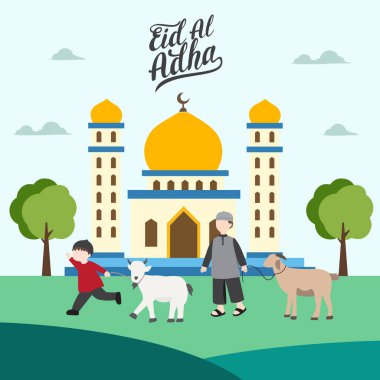 Mutlu bayramlar için İslami düz tasarım illüstrasyon kavramı ya da halk karakteriyle bayrak için yapılan kutlama etkinliği