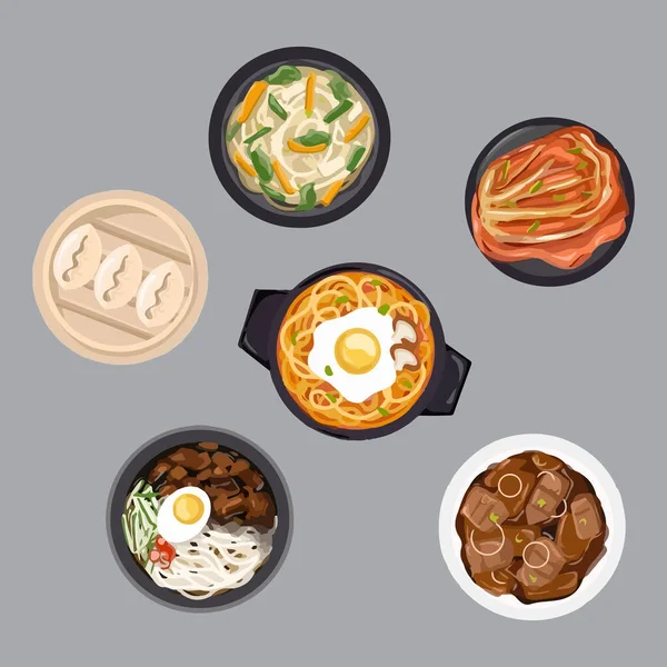 Koreai Ételkészlet Menü Vektor Illusztráció Kimchi Bibimbap Bulgogi Kongguksu Tteokbokki — Stock Vector