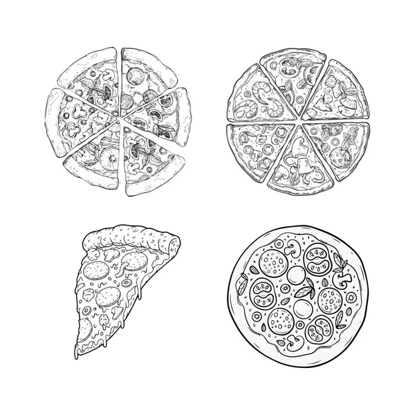 Hand Drawn Sketch Style Pizza Set Different Types Pizza Whole — Stockvector
