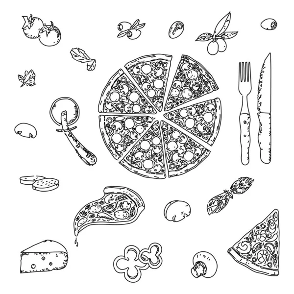 Doodle pizza. Italian food outline sketch, pepperoni mushrooms