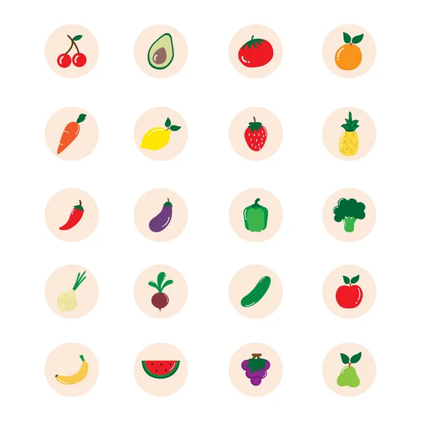 Symbolsatz Von Obst Und Gemüse Vektorillustration — Stockvektor