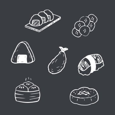 Geleneksel Japon yemekleri seti. Suşi, tempura, onigiri, dimsum. El çizimi vektör illüstrasyonu