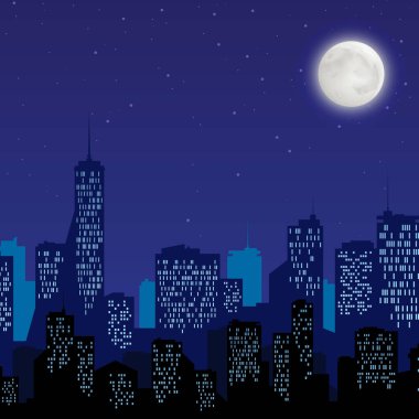 Düz şekilli parlak ay vektör illüstrasyonuyla gece şehri