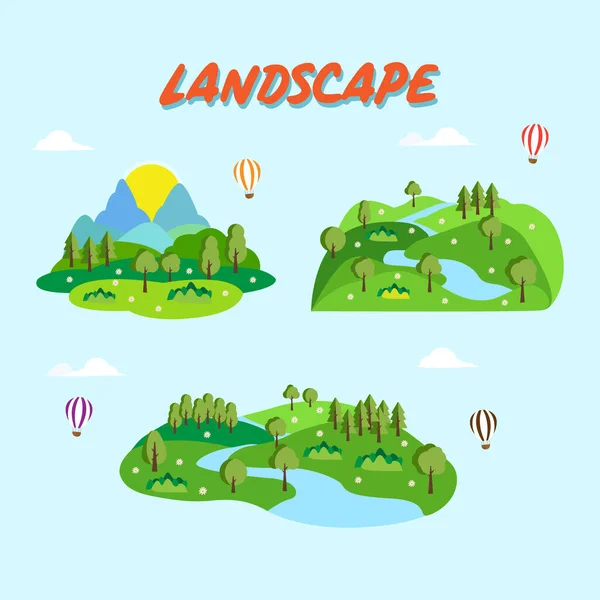 Landscape with trees, mountains, fields, leaves. Vector illustration in flat style.