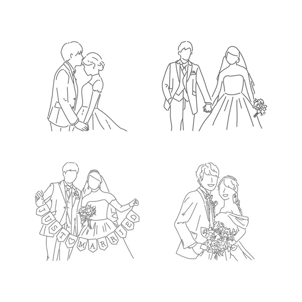 結婚式のカップルベクトルラインアートのセット 美しい花嫁と新郎 デザインカードのテンプレート — ストックベクタ