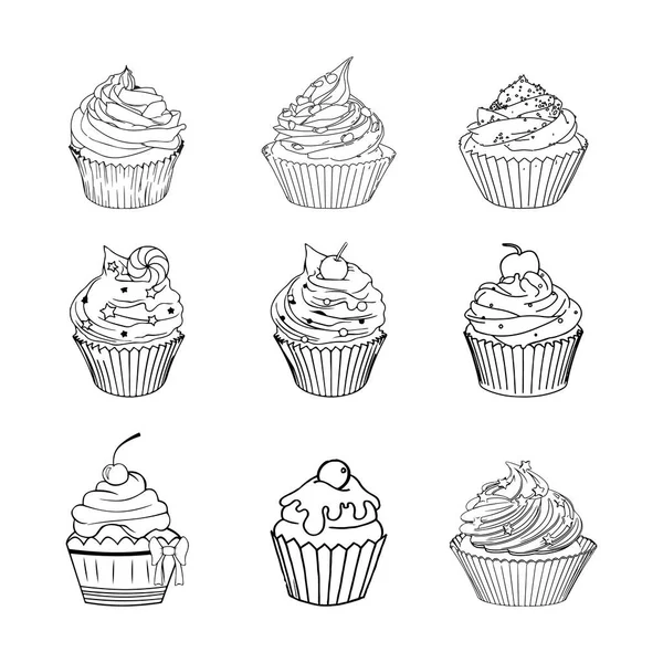Ensemble Vectoriel Cupcakes Dessinés Main Monochrome Utilisez Pour Mariage Invitations — Image vectorielle