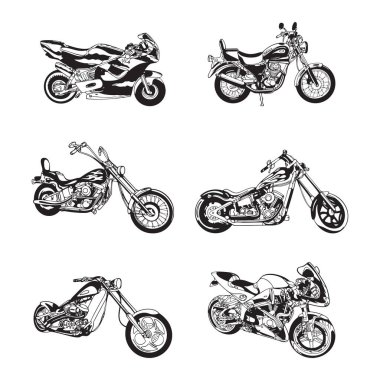 Retro motorsiklet silueti farklı açılarla ayarlandı. El çizimi vektör illüstrasyonu