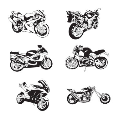 Retro motorsiklet silueti farklı açılarla ayarlandı. El çizimi vektör illüstrasyonu