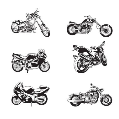 Retro motorsiklet silueti farklı açılarla ayarlandı. El çizimi vektör illüstrasyonu