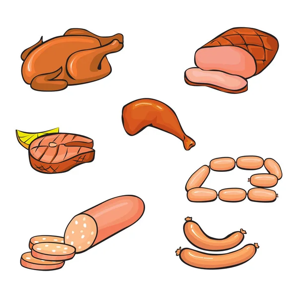 Carne Produtos Desenho Animado Estilo Ilustração Vetorial — Vetor de Stock