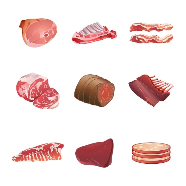 Zestaw Różnych Kawałków Mięsa Wektor Ilustracji — Wektor stockowy