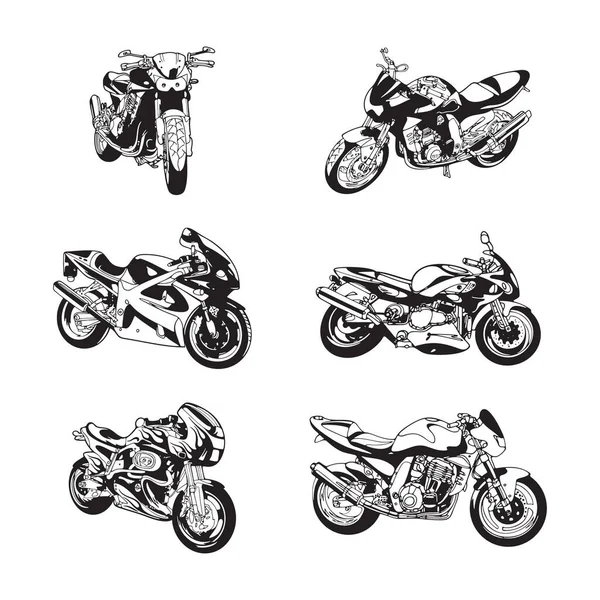 Retro Motorcykel Siluett Set Med Olika Vinklar Handritad Vektor Illustration — Stock vektor