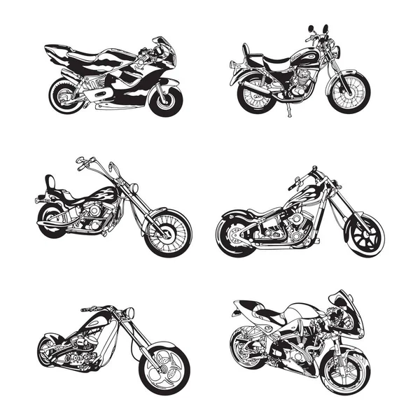 复古摩托车轮廓设置有不同的角度 手绘矢量图解 — 图库矢量图片