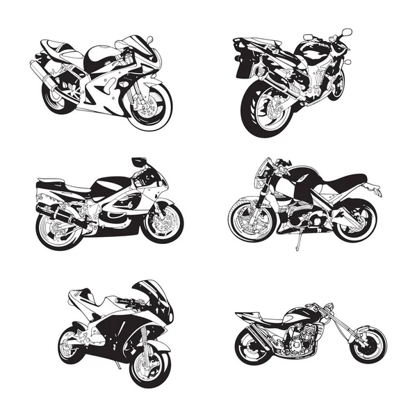 Retro Motorcykel Siluett Set Med Olika Vinklar Handritad Vektor Illustration — Stock vektor