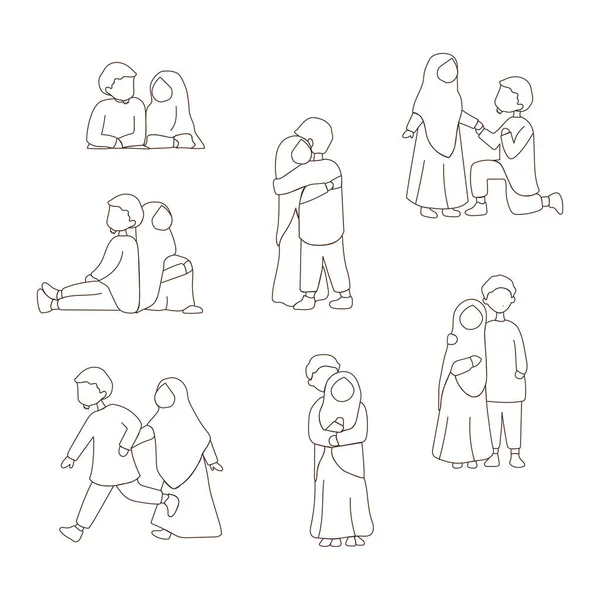 Set Von Muslimischen Paaren Schwarz Weißen Linienzeichnungen Vektorillustration — Stockvektor