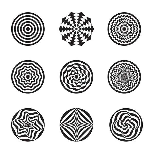 Set Geometric Black White Abstract Hypnotic Worm Hole Tunnel Optical — Stock Vector