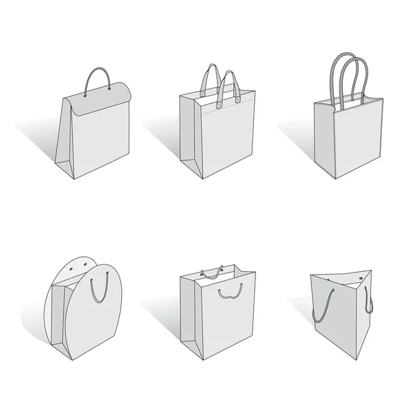 Набор Пакетов Покупок Белой Бумаги Различными Углами — стоковый вектор
