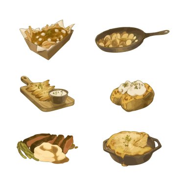 Patates Gratin, Fırında Patates, Kızarmış Patates, Patates Dondurma, Bebek Patates. El çizimi suluboya vektör çizimi