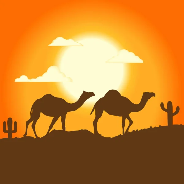 Иллюстрация Рамадана Карима Верблюды Проходят Через Пустыню Прекрасном Закате Векторная — стоковый вектор