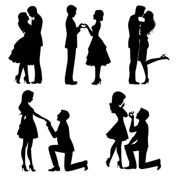 Silhouette Romantici Amanti Della Coppia Abbracciare Baciare Proporre Illustrazione Vettoriale — Vettoriale Stock