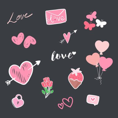 Sevgililer Günü unsurları ayarlandı. Farklı romantik objeler. Doodle hazır. El çizimi vektör illüstrasyonu