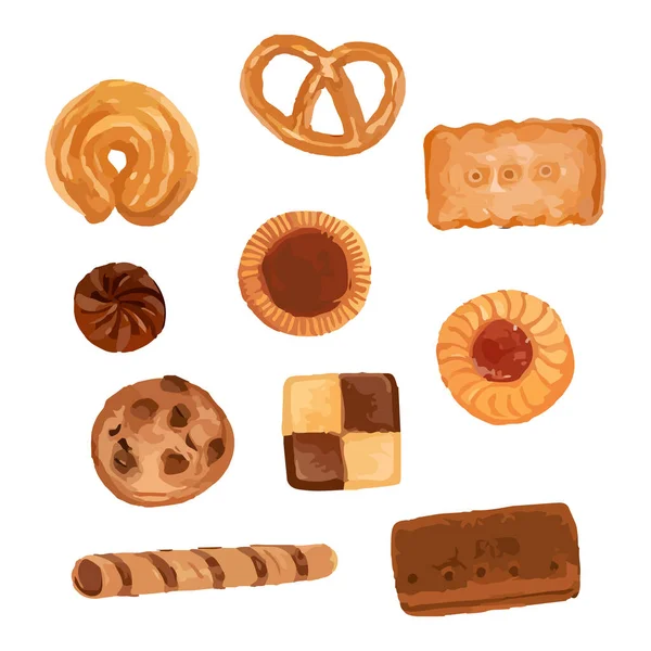 Cookies Sortidos Isolados Fundo Branco Ilustração Vetor Aquarela Desenhada Mão —  Vetores de Stock