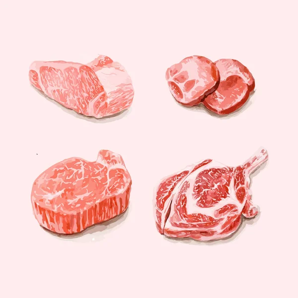 Conjunto Filetes Carne Cruda Ilustración Vectorial Acuarela — Vector de stock