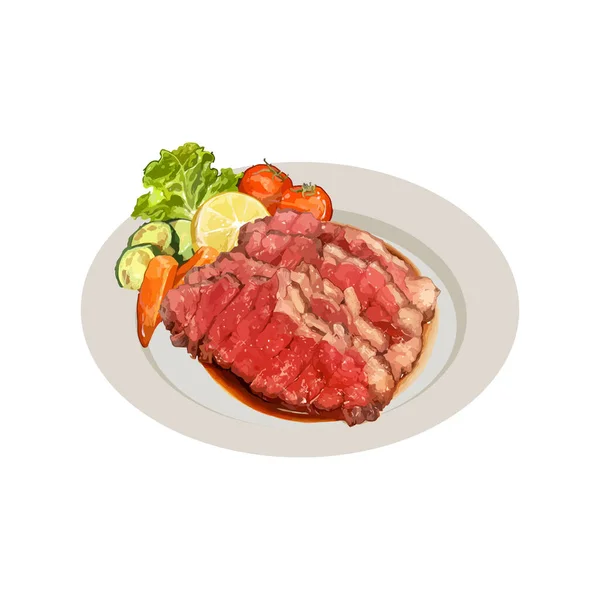 野菜と牛ステーキ 水彩手描きベクトルイラスト 白の背景に隔離 — ストックベクタ