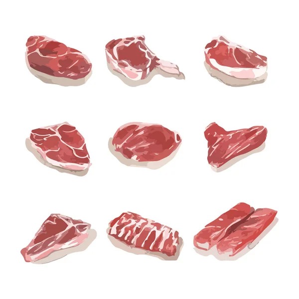 Conjunto Filetes Carne Cruda Ilustración Vectorial Acuarela — Vector de stock