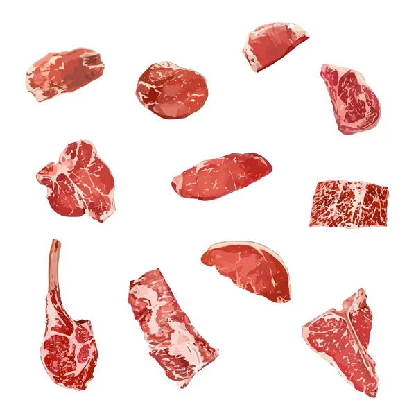 Stel Verschillende Delen Van Rauw Vlees Aquarel Vector Illustratie — Stockvector