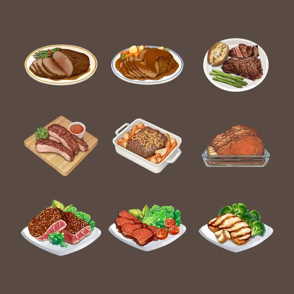 Conjunto Bife Carne Ilustração Vetor Aquarela — Vetor de Stock