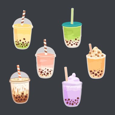 Köpüklü çay ya da kahve seti. Boba Lezzetli İçecekler Bardakta veya Plastik Bardaklarda Saman, Grafik Tasarım Koleksiyonu, Çizgi Film Vektör Resimleri