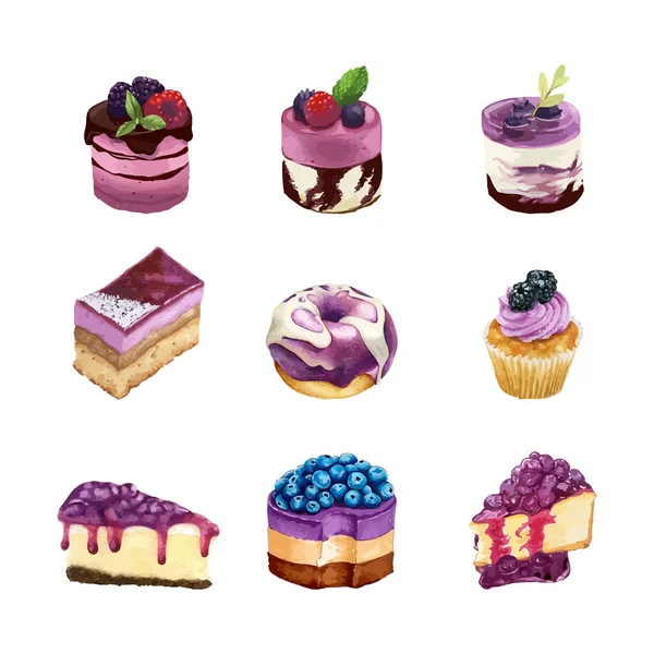 Set Von Blaubeer Desserts Aquarell Vektoren Illustration — Stockvektor