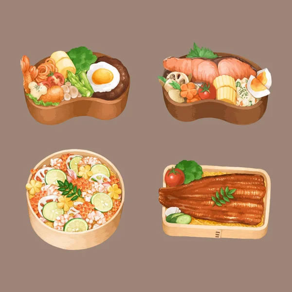 Japanische Bento Box Aquarell Vektorillustration — Stockvektor