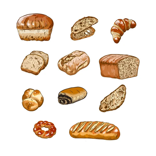 Set Breads Hand Drawn Watercolor Vector Illustration Design Elements — Stock Vector