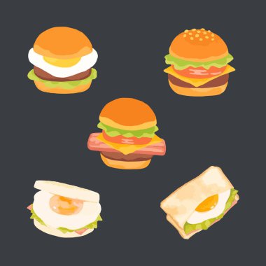 Hamburger ve sandviç. El çizimi suluboya vektör çizimi