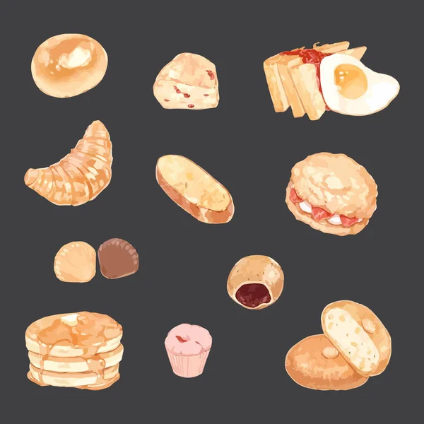 水彩画中的一组食物 — 图库矢量图片