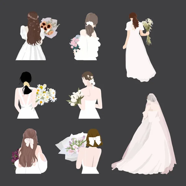 手描きの花嫁白いドレス水彩ベクトルイラスト上の美しい髪型の花 — ストックベクタ