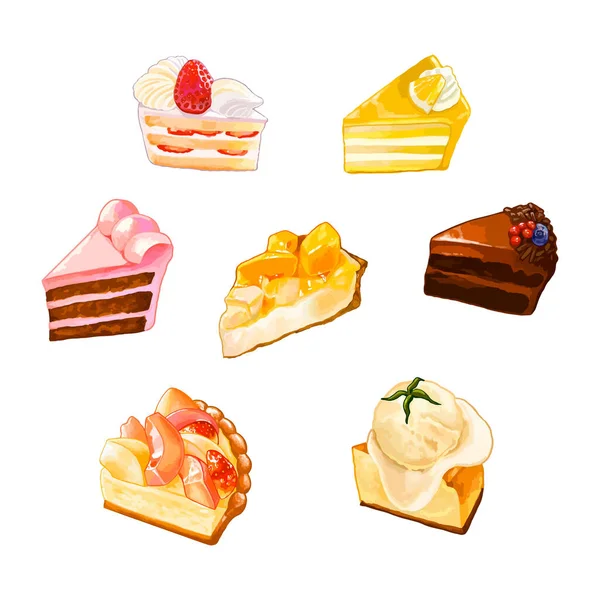 Süße Kuchen Scheiben Stücke Handgezeichnete Aquarell Vektorillustration — Stockvektor